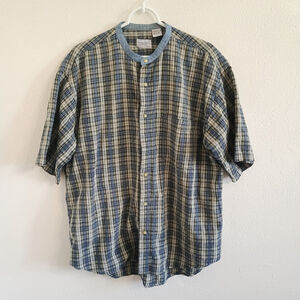 Vintage Bugle Boy Co Button Up Blue Shirt Green Plaid Mandarin Collar Sz XL